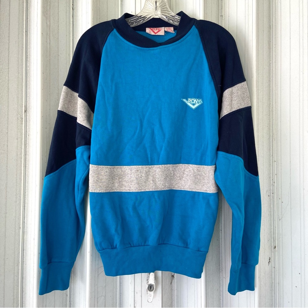 Pony Vintage Raglan Style Long Sleeve Blue Navy Gray Crew Neck Sweater!